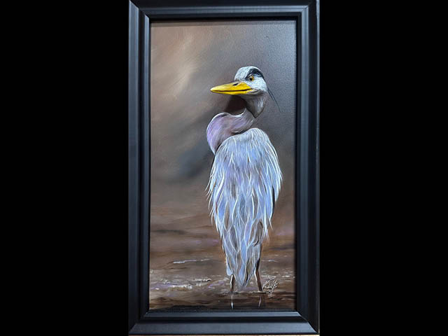 an acrylic painting "Heron" by Ken Suits which won the Best of Show award in 2024. 
