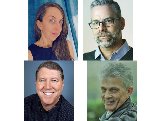 Four headshot-style photos on a white background
