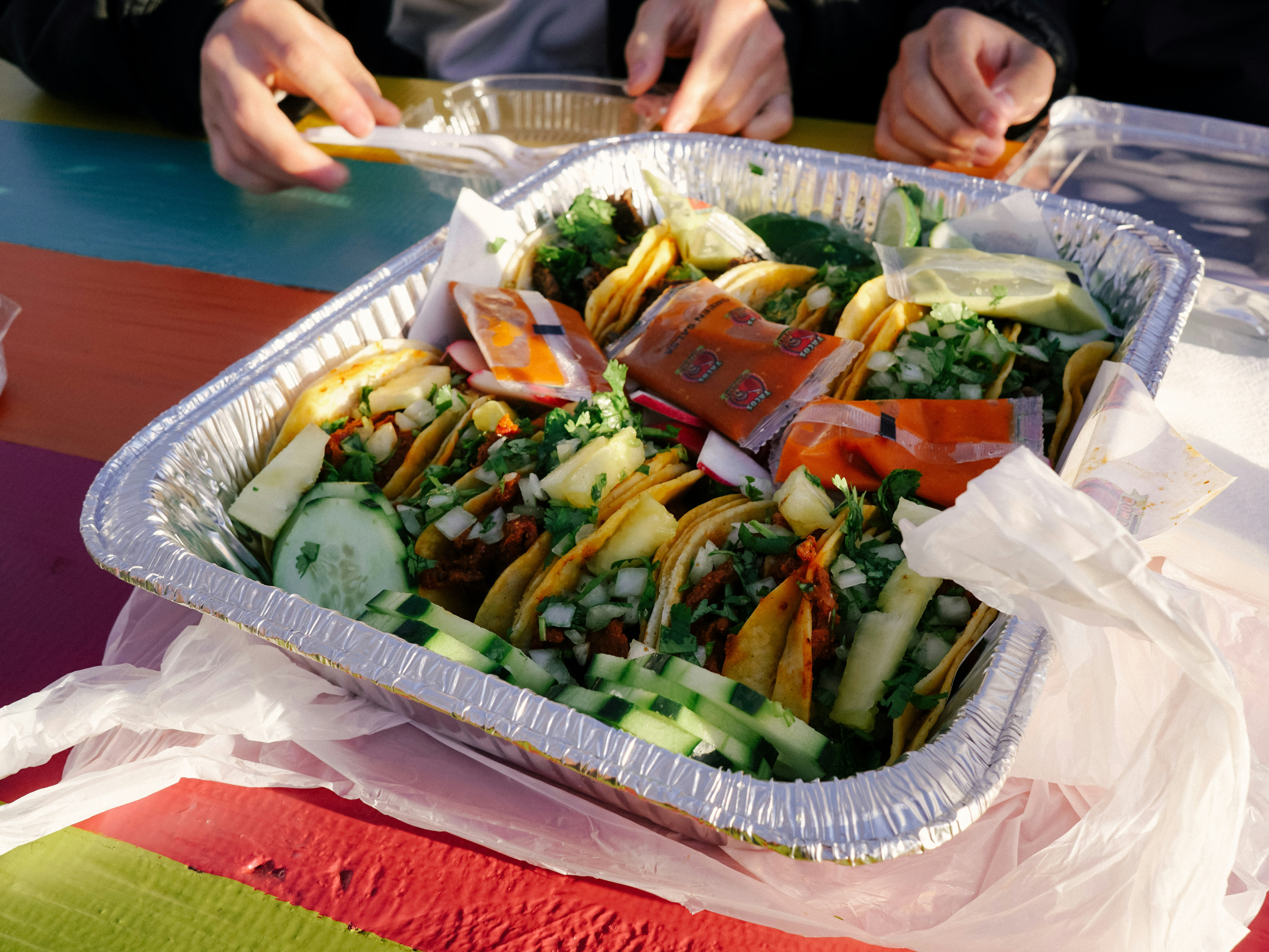 A tray of food on a table