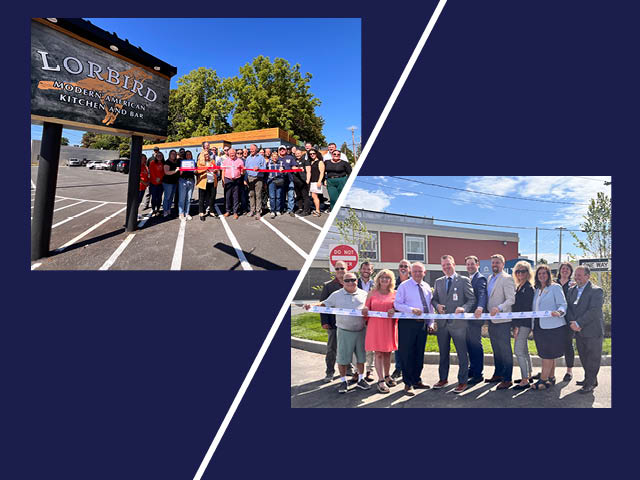 Two photos on a dark blue background. On the left, Laurie O'Brien (center) cuts the ribbon for LorBird in front of the restaurant. On the right, Michael Backus of Oswego Health cuts the ribbon at the Fulton Medical Center campus.