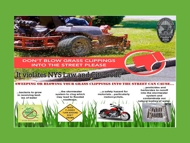 Graphic explaining the dangers of blowing grass into the street, including clogging storm drains, presenting a hazard for motorists, and introducing bacteria and pesticides to local bodies of water.