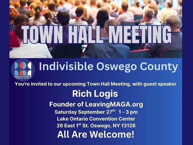 Town Hall meeting graphic announcing speaker Rich Logis, founder of LeavingMAGA.org at the Lake Ontario Conference Center on Sept. 27 from 1-3pm. All are welcome.