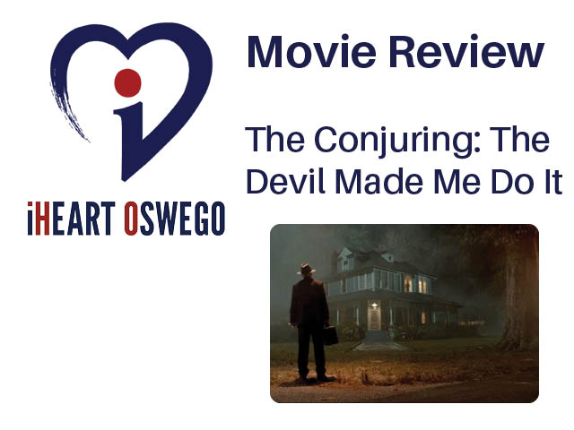 Movie review graphic with a still from The Conjuring: The Devil Made Me Do It