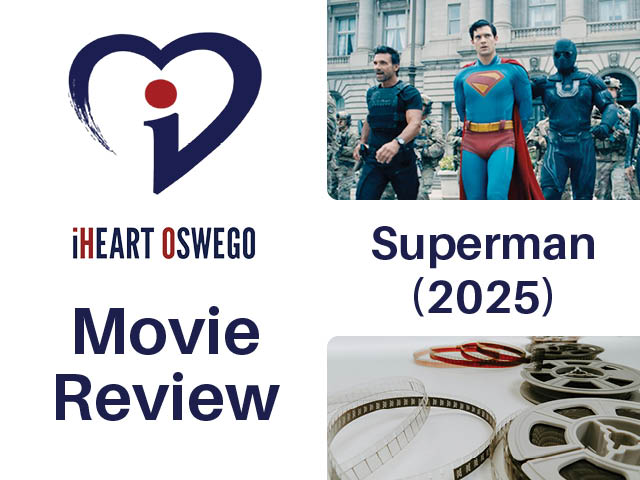 Updated movie review graphic with still from Superman (2025) on the upper right and a photo of film reels on the lower right