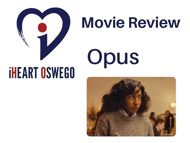 Movie review graphic with a still from the film "Opus"