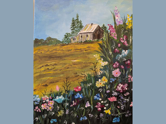 A landscape painting of a barn on a hill with flowers in the foreground