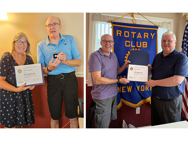Two side-by-side photos of Rotarians with their Paul Harris Fellowship certificates