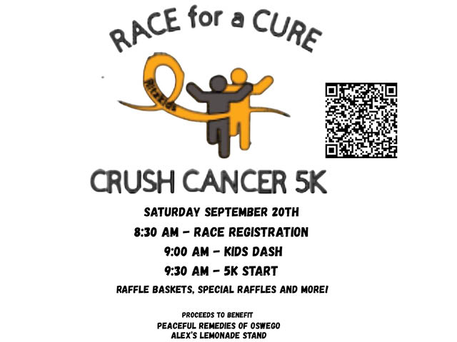 Race for a Cure Crush Cancer 5k, September 20th. Proceeds to benefit Peaceful Remedies of Oswego and Alex's Lemonade Stand. Image includes race logo and a QR code to the registration site on the mid-upper right-hand side of the image. 