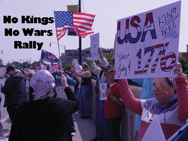 Photo of a rally on Bridge Street with the following text overlaid at top left: No Kings No Wars Rally
