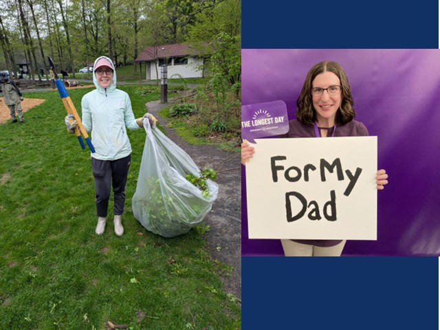 On left, woman in white long sleeve shirt, black leggings, sneakers, and cap holding garbage bag full of debris. On right with purple background woman with glasses and long brown hair holding sign "for my dad" (submitted photo)