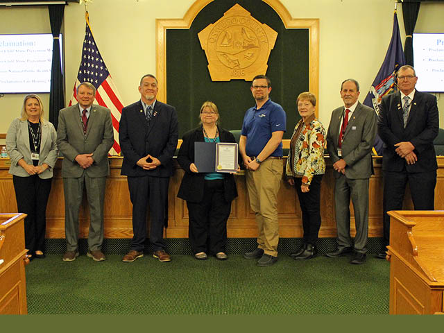Pictured from left are Committee Vice Chairwoman Noelle Beckwith-Salmonsen, District 21; Roy E. Reehil, District 5; Ryan Taylor, District 25; Committee Chairwoman Mary Ellen Chesbro, District 10; Oswego County Community Development, Tourism and Planning Director and Fair Housing Officer Tim Stahl; Christine Novak, District 16; Edward Gilson, District 3; and Paul House, District 8. 