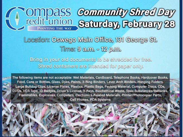 Compass Federal Credit Union Offering Community Shred Day on Saturday,  February 28 