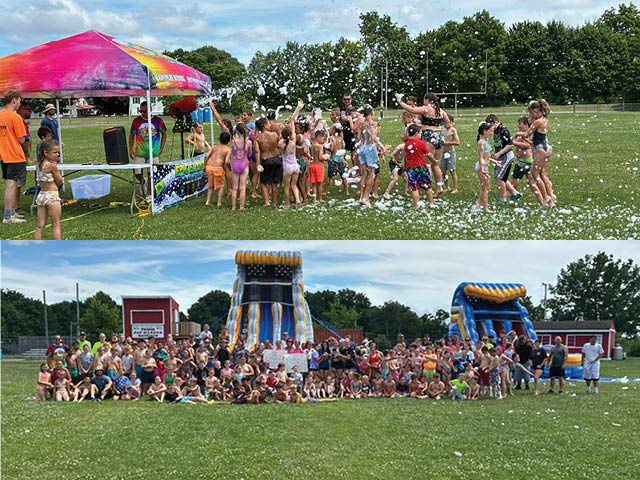 Top: photo of children in bathing suits playing in bubbles on the grass. Bottom: participants and volunteers in a large group photo in front of a water slide with signs thanking Shineman Foundation