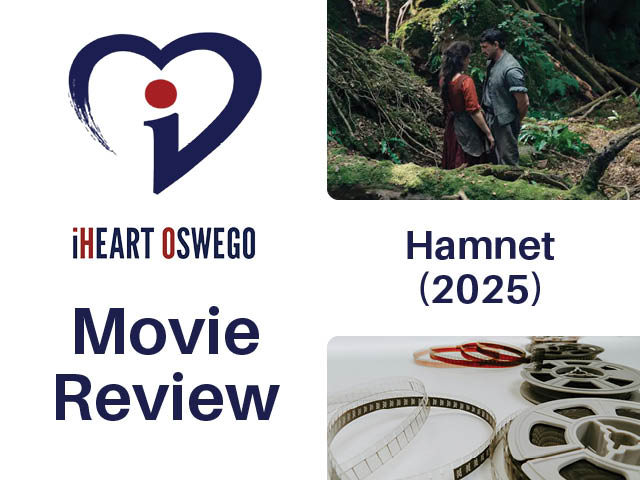 Movie review graphic with still from Hamnet (2025)