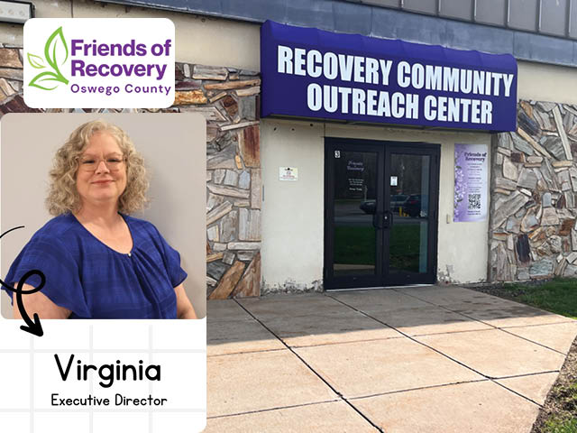 Photo of the exterior of the Recovery Community Outreach Center in Fulton, overlaid with the Friends of Recovery logo and a photo of Virginia Bough, Executive Director