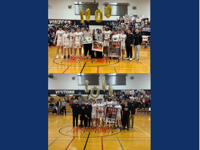 Tow pics on top of each other with 1000 in gold balloons over top. Basketball team and coaches holding signs honoring each team member.
