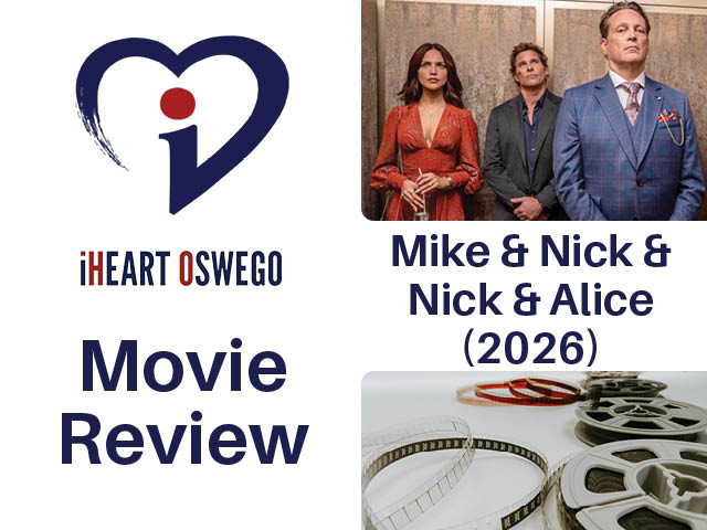 Movie review graphic with still from Mike &amp; Nick &amp; Nick &amp; Alice (2026)