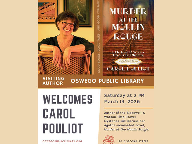 Poster describing Carol Pouliot's author visit to Oswego Public Library on March 14 at 2pm