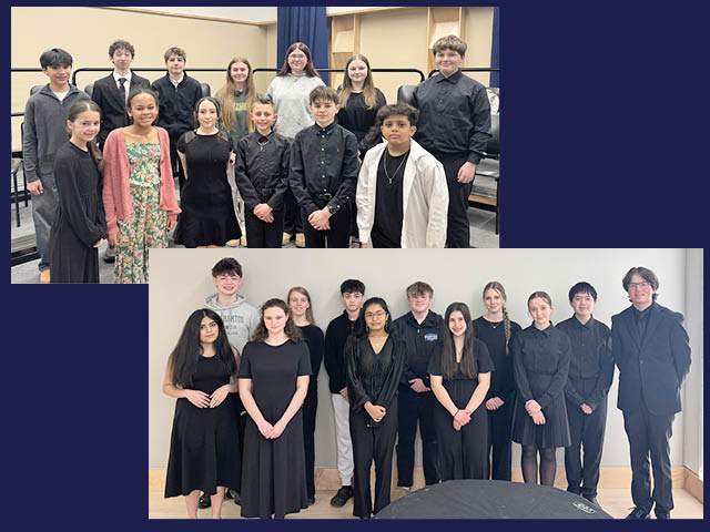 Two photos on a dark blue background: the junior orchestra (top left) and the senior orchestra (bottom right)