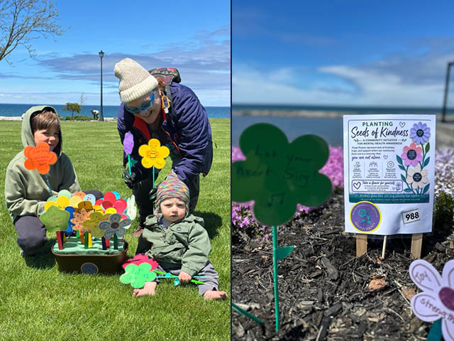 Two photos side by side: on the left, a woman kneeling in front of a kindness garden with a young boy and a baby; on the right, a photo of a completed kindness garden with poster and paper flowers with encouraging messages with Lake Ontario in the background