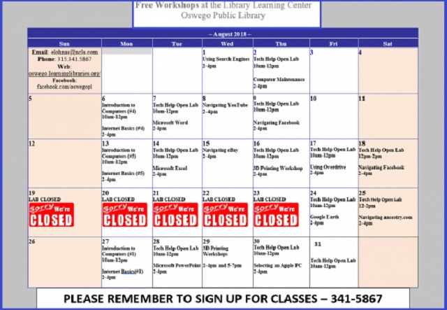 oswego Library schedule Aug