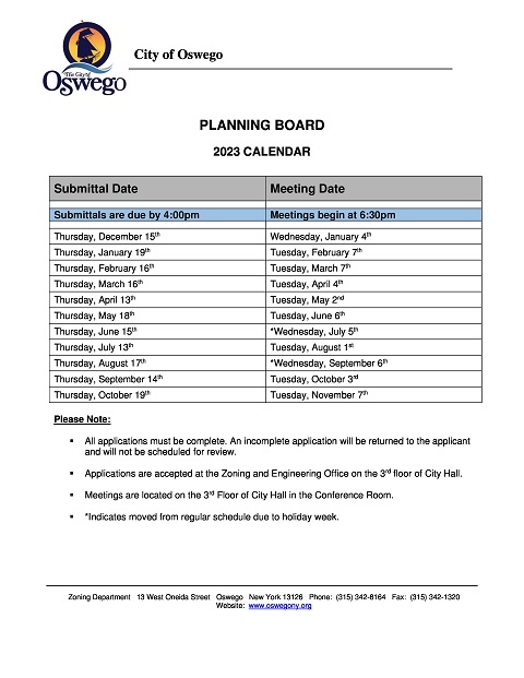 2023 Planning Board Meeting Schedule page 0