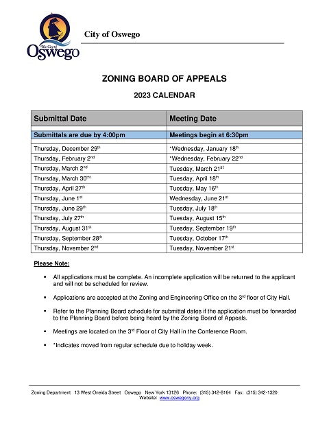 2023 Zoning Board of Appeals Meeting Schedule