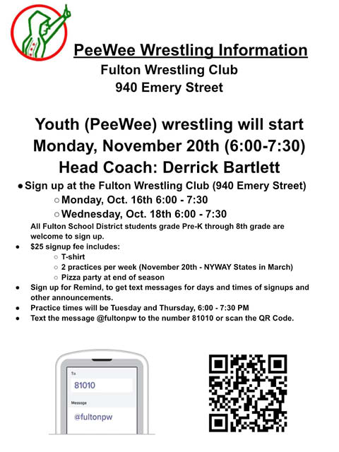 Fulton PeeWee Wrestling Sign Up 10.16 10.18.23