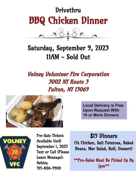 Volney Fire Dept Drivethru Chicken BBQ 9.9.23