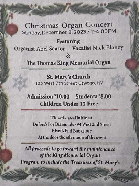 christmas organ concert st mary oswego 12.3.2023
