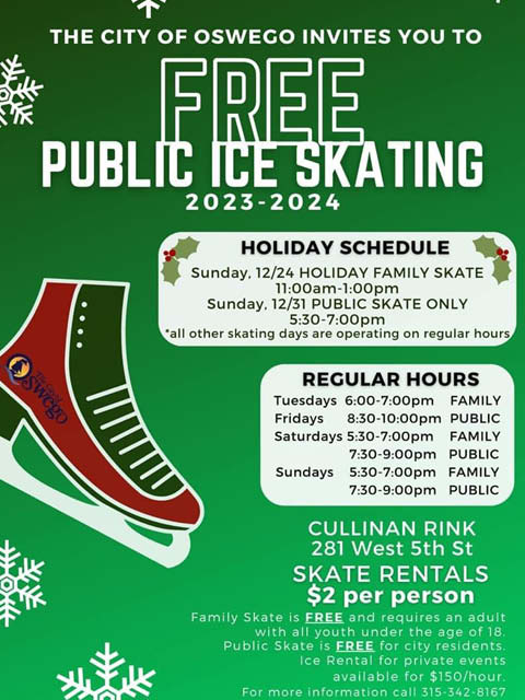 oswego family skate holiday hours cullinan ice rink 12.24 12.31.2023
