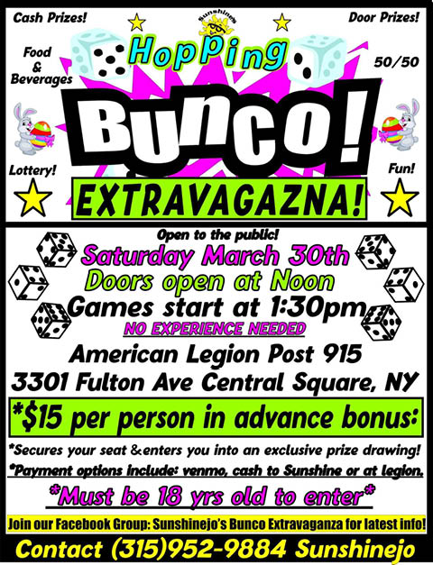 bunco extravaganza central square american legion 3.30.2024