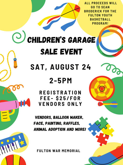 childrens garage sale fulton war memorial 8.24.2024