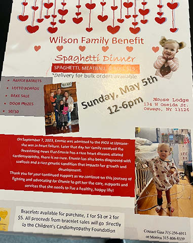 emmie wilson family benefit spaghetti dinner moose lodge 5.5.2024