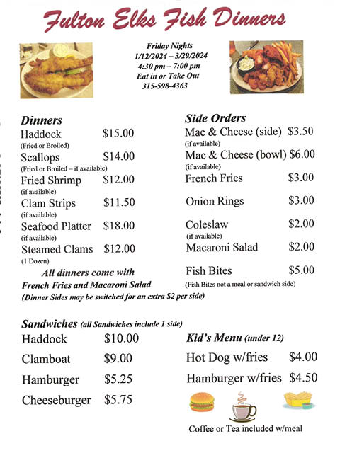 fulton elks fish dinners fridays jan march 2024