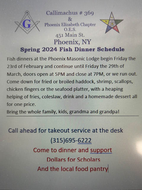 lent fish dinners phoenix masonic lodge 2.23.2024 3.29.2024