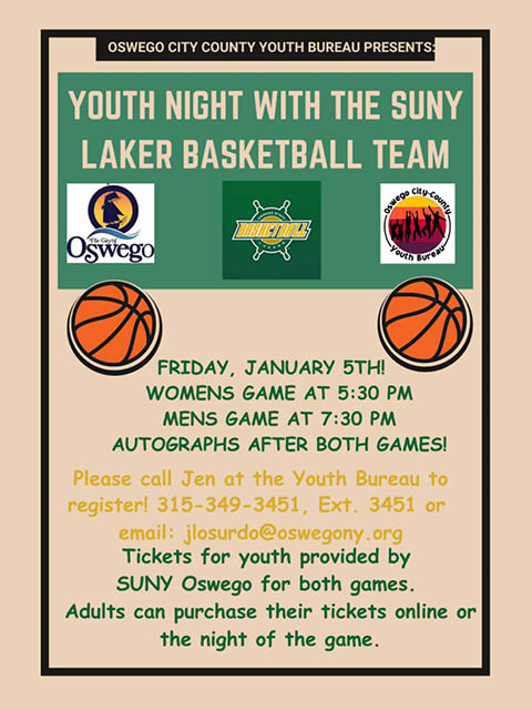 oswego city county youth bureau suny lakers basketball youth night 1.5.2024