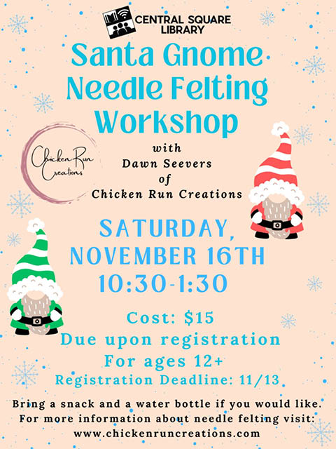 santa gnome needle felting central square library 11.16.2024