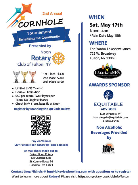 2nd cornhole tournament fulton rotary lakeview lanes 5.17.2025