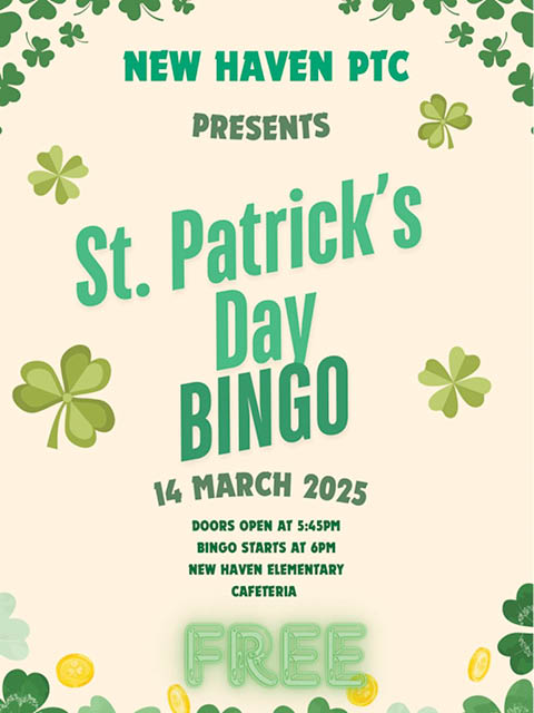 bingo st patricks day new haven elementary 3.14.2025