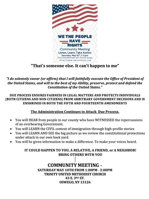 indivisible oswego county community meeting due process trinity umc oswego 5.10.2025