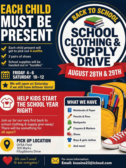 back to school clothing supply drive giveaway oysa field 8.28 29.2026