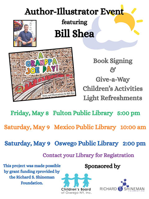 bill shea author childrens board oswego library visits may 2026