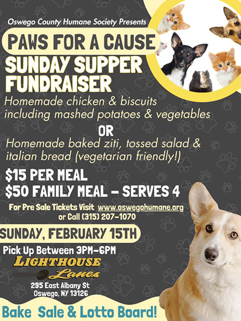 ochs paws cause sunday supper fundraiser lighthouse lanes 2.15.2026