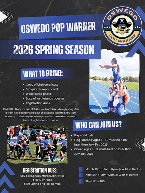 oswego pop warner registration info march april 2026