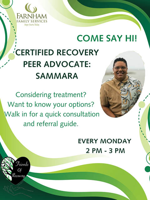 peer recovery advocate farnham at friends recovery oswego county mondays 2026