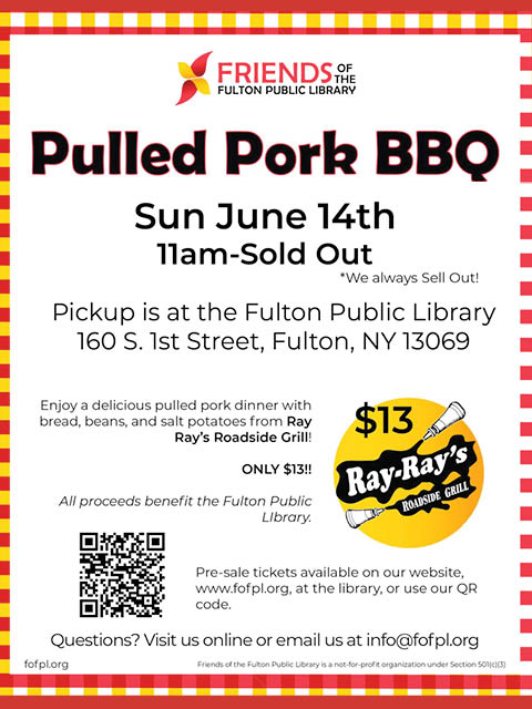 pulled pork bbq friends fulton library 6.14.2026