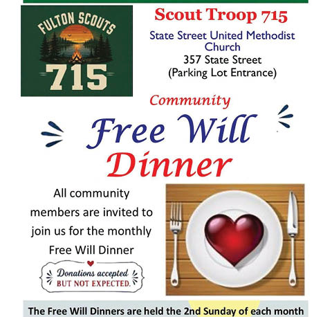 scout troop 715 free will dinners state st church second sundays month 2026