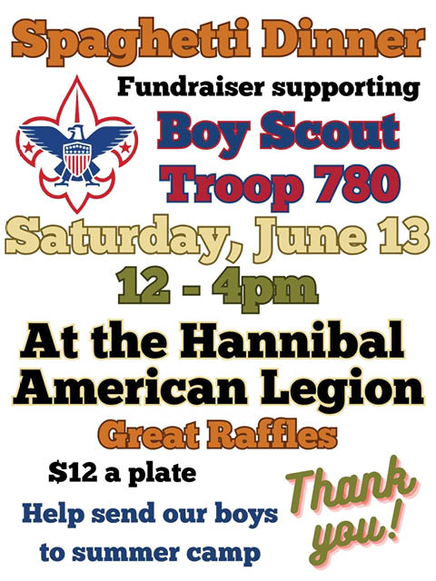 spaghetti dinner fundraiser boy scouts hannibal american legion 6.13.2026