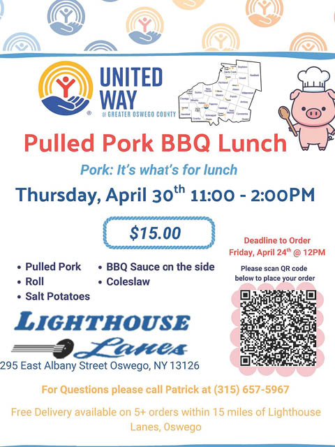 united way pulled pork lunch lighthouse lanes 4.30.2026